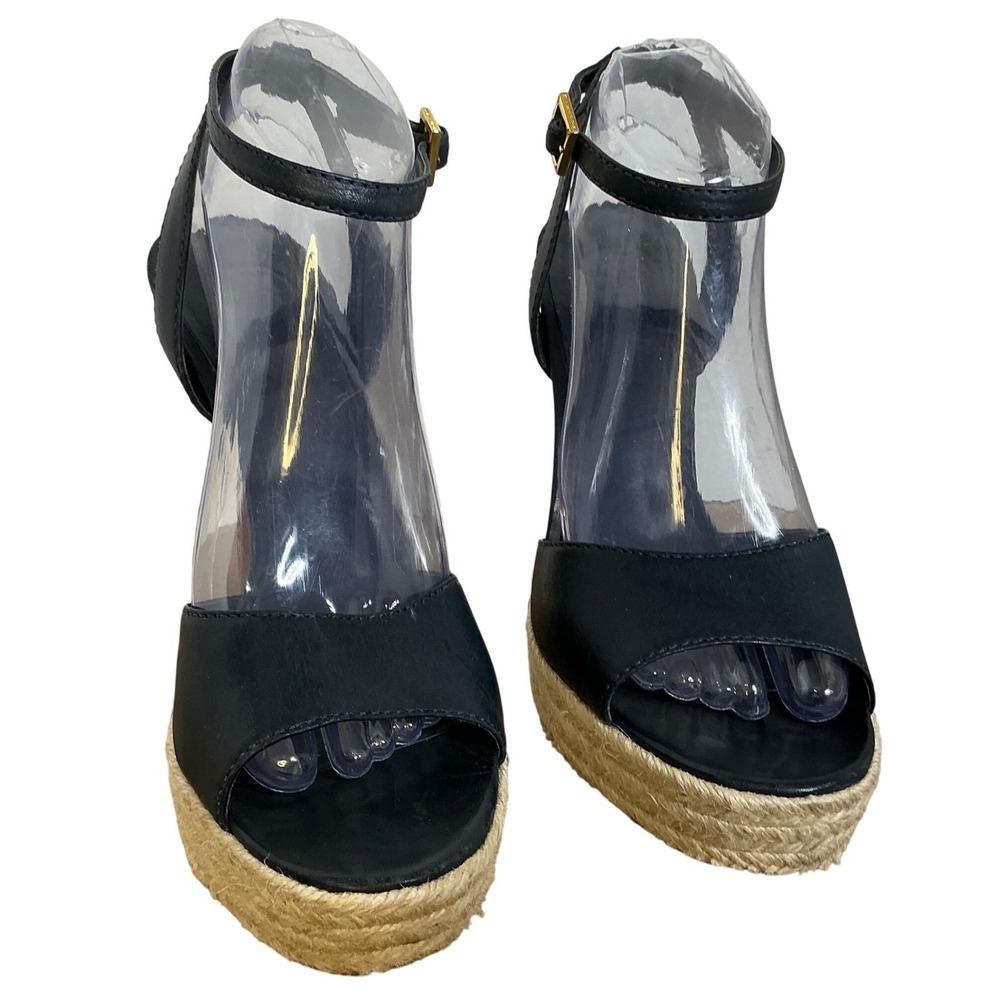 Tory Burch Black Leather Espadrille Platform Heels Womens 9.5‎ Ankle Strap